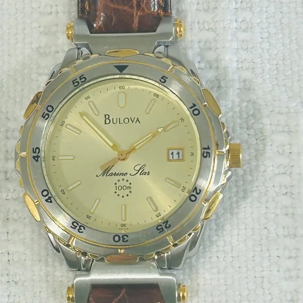 Bulova Marine Star Ladies Watch Quartz 37mm 2 Tone Leather Strap Vintage